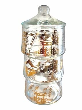 Vintage Bartlett Collins 1960’s MCM Glass Stacking Pagoda Gilt Jars w/ Lid